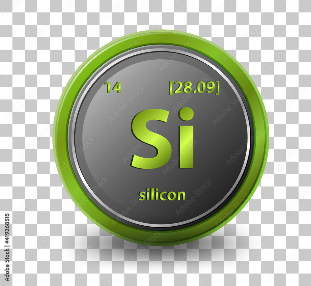 Silicon chemical element. Chemical symbol with atomic number and atomic mass.