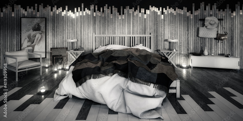 Gentle Bedroom Design Arrangement in Wood - panoramic black and white 3D Visualization