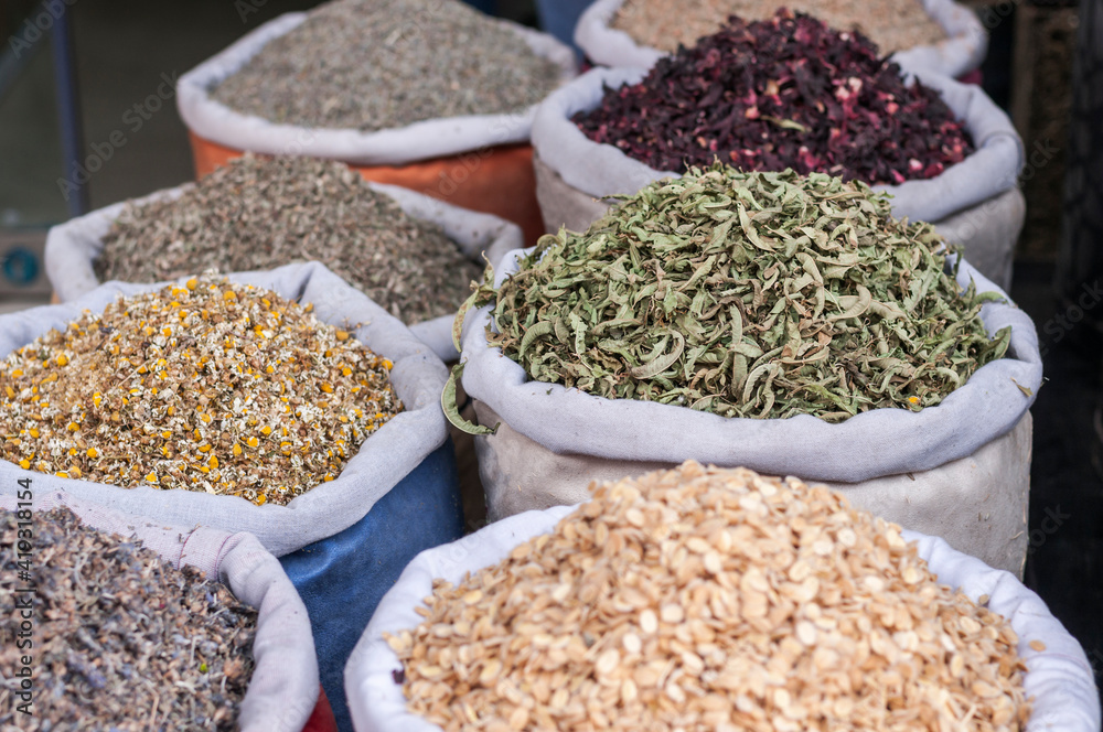 Sacks of herbal tea / Market stall with sacks of herbal tea.