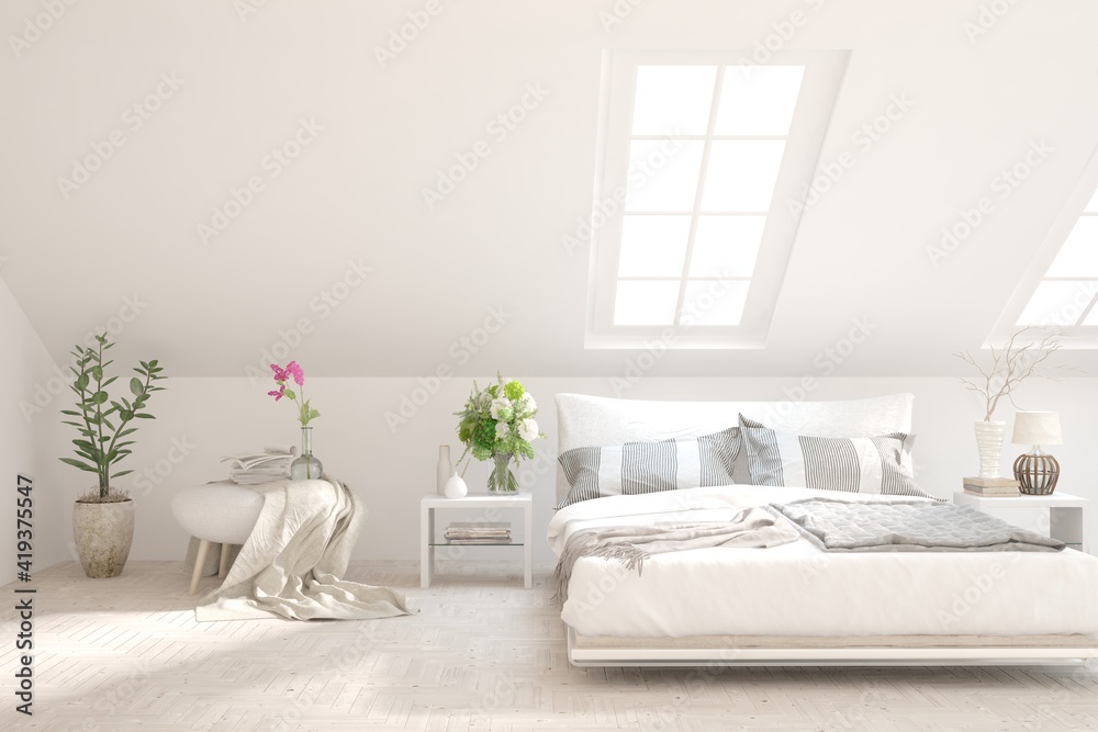 White bedroom interior. Scandinavian design. 3D illustration