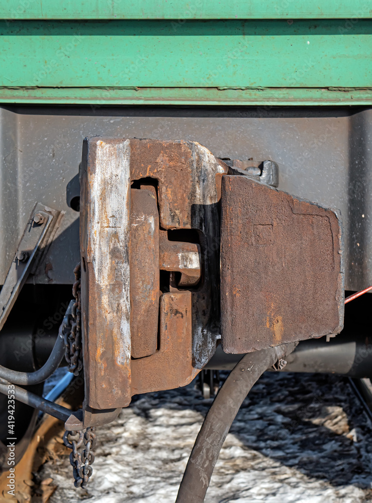 A Railway Coupler of a freight cars. End view of coupler. Front view. Close-up.