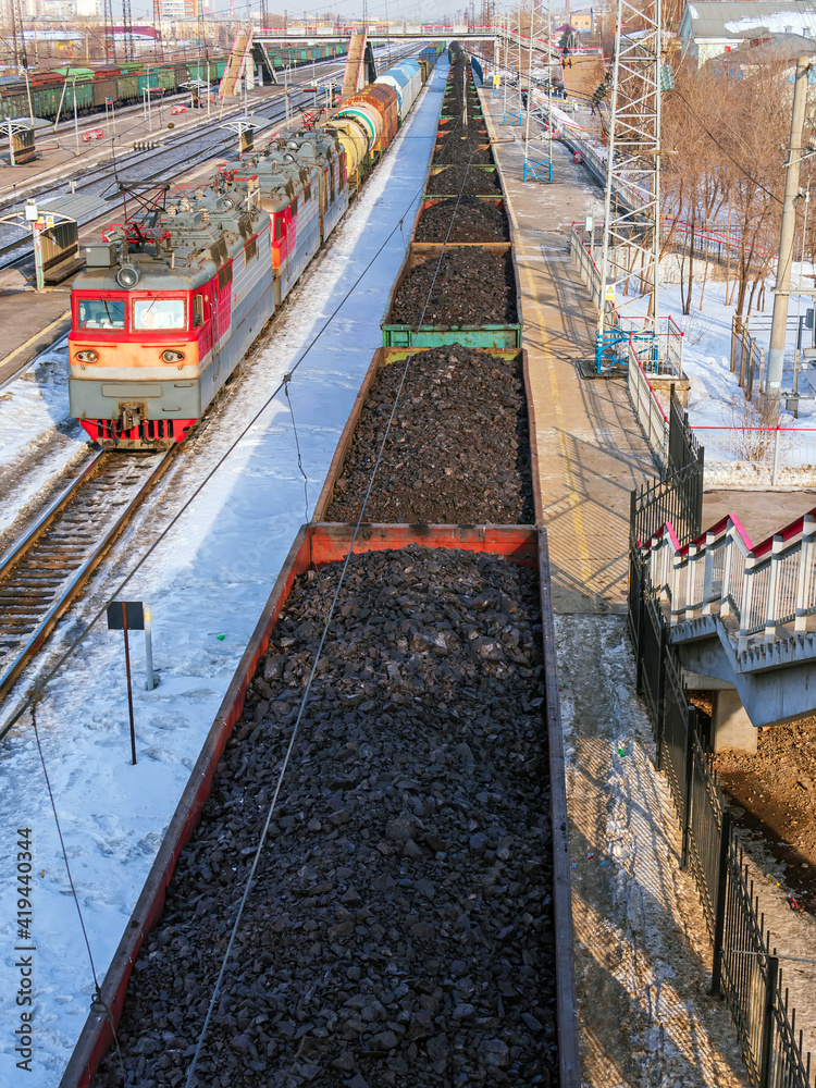 The railway hub in winter. Trans-Siberian Railway. View from above.