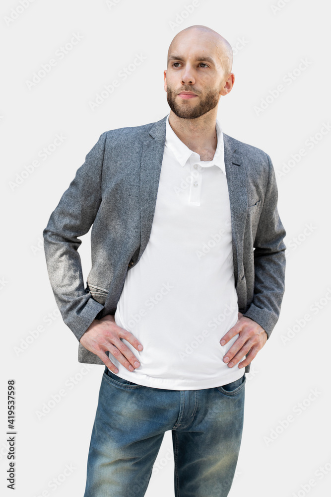 Simple polo shirt man wearing suit business look photoshoot