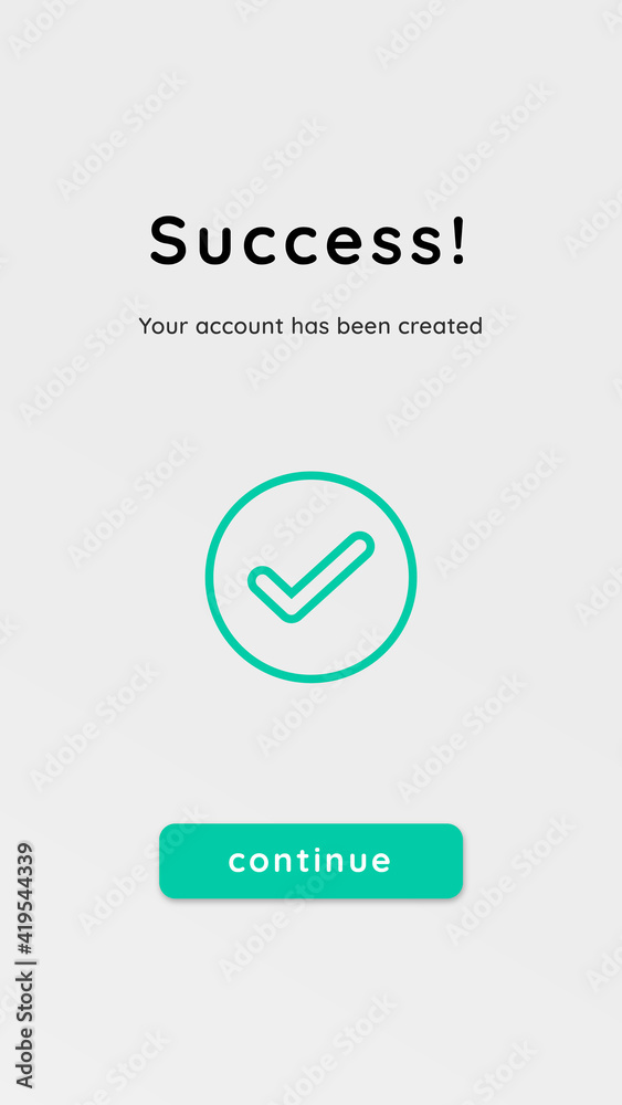 Success sign up registration screen for smartphone