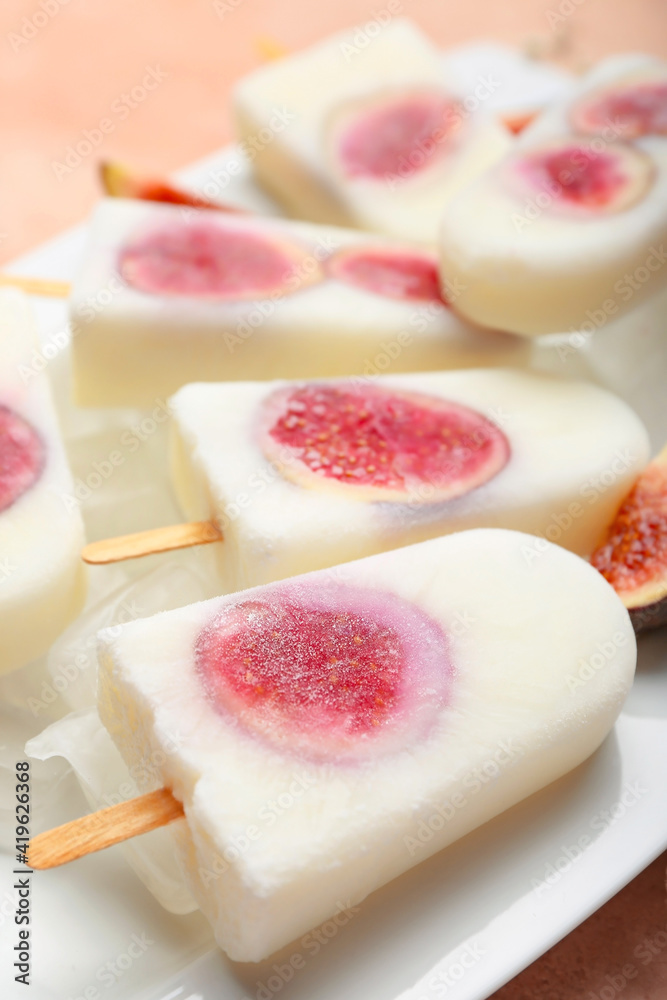 Delicious fig ice-cream on tray, closeup