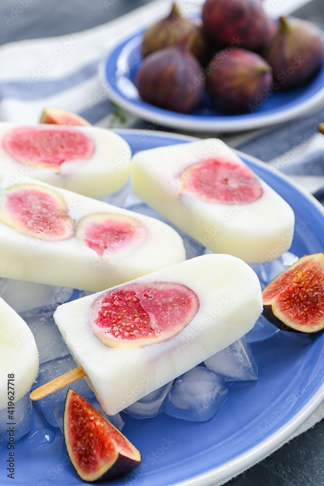 Delicious fig ice-cream on plate, closeup