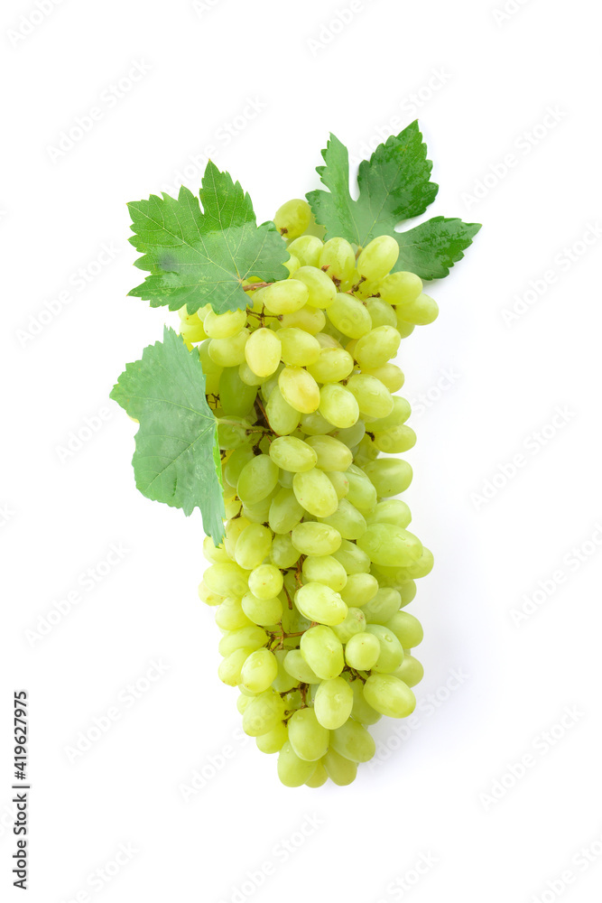 Ripe green grapes on white background