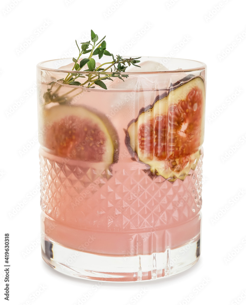 Glass of tasty fig lemonade on white background