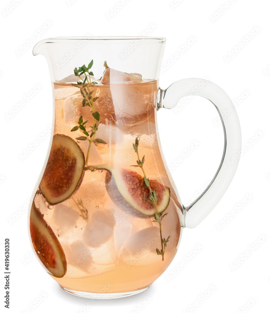 Jug of tasty fig lemonade on white background