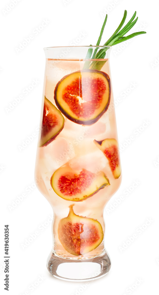 Glass of tasty fig lemonade on white background