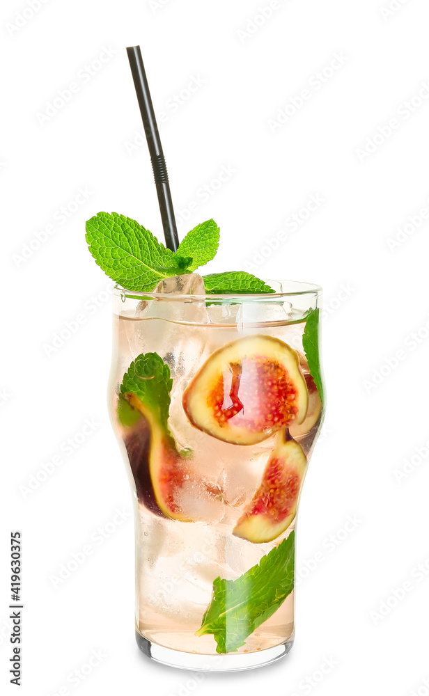 Glass of tasty fig lemonade on white background