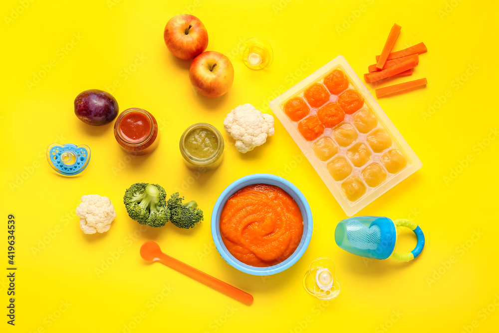 Composition with healthy baby food on color background