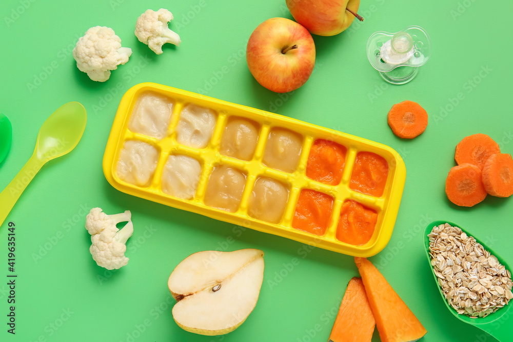 Composition with healthy baby food on color background