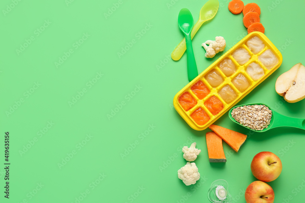 Composition with healthy baby food on color background