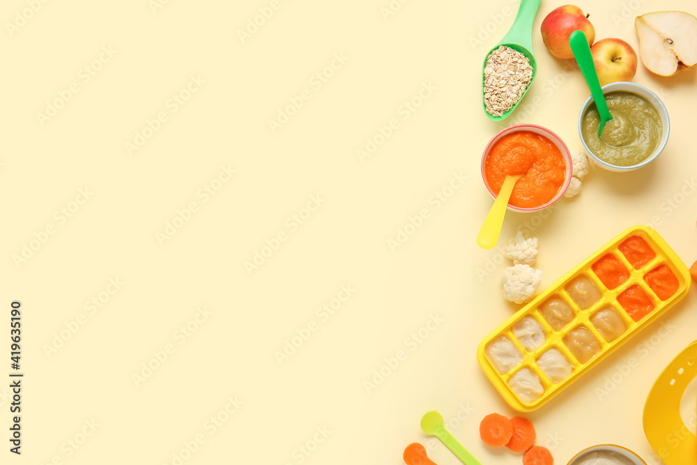 Composition with healthy baby food on color background