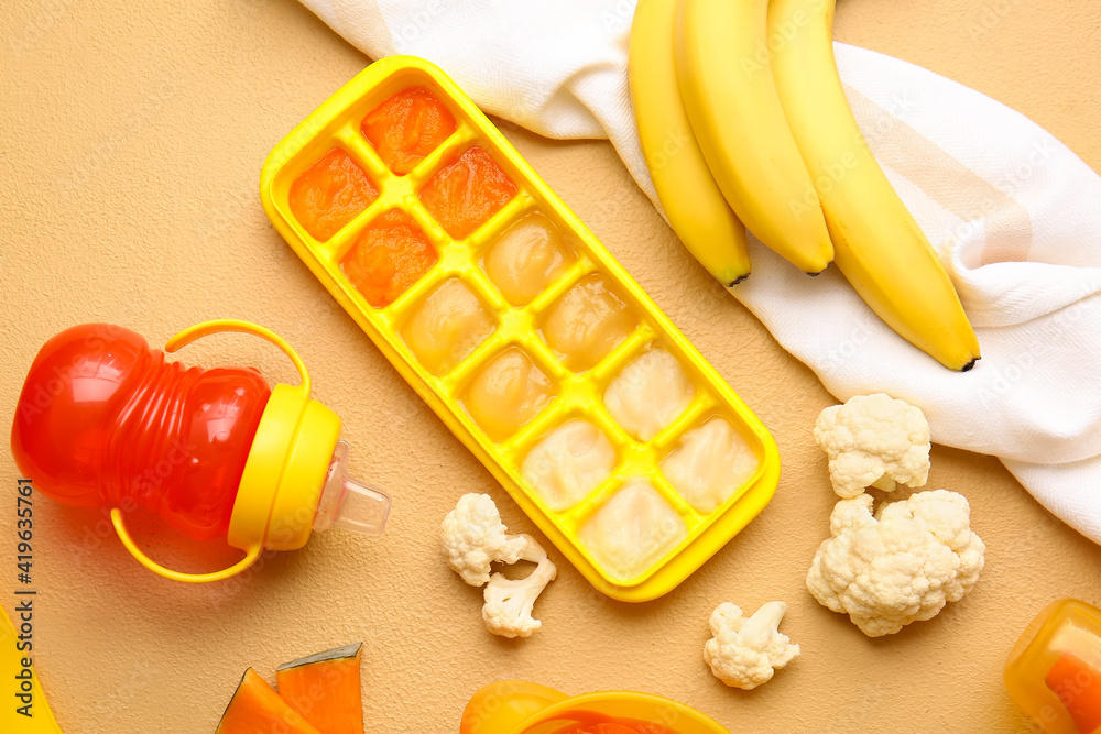 Composition with healthy baby food on color background