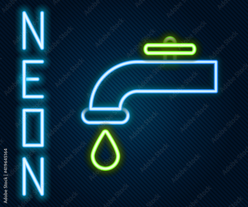 Glowing neon line Water tap with a falling water drop icon isolated on black background. Colorful ou