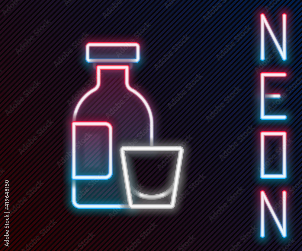 Glowing neon line Alcohol drink Rum bottle and glass icon isolated on black background. Colorful out