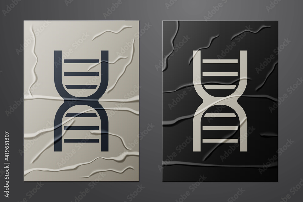 在皱巴巴的纸背景上分离的白色DNA符号图标。纸艺术风格。矢量。