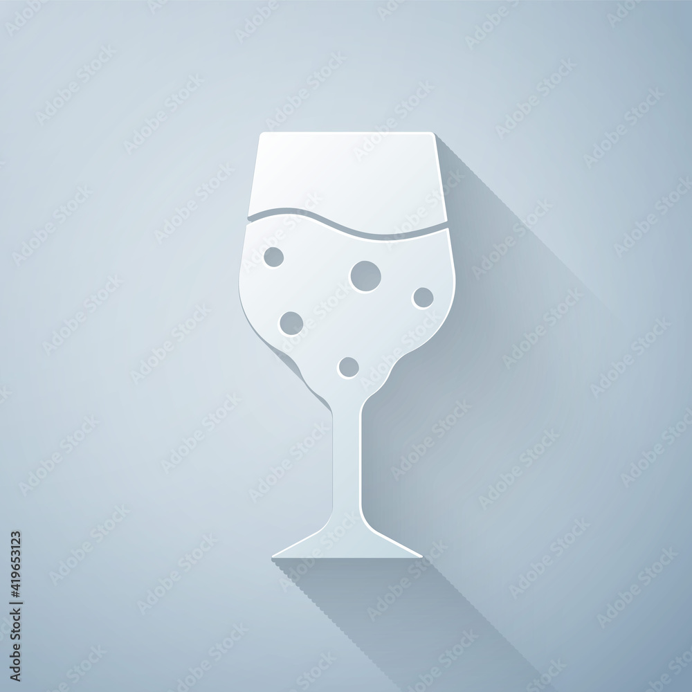 Paper cut Glass of champagne icon isolated on grey background. Paper art style. Vector.