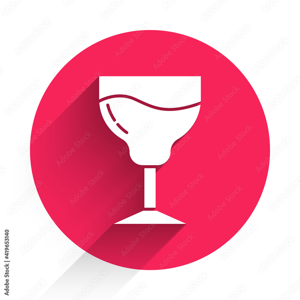 White Wine glass icon isolated with long shadow. Wineglass sign. Red circle button. Vector.