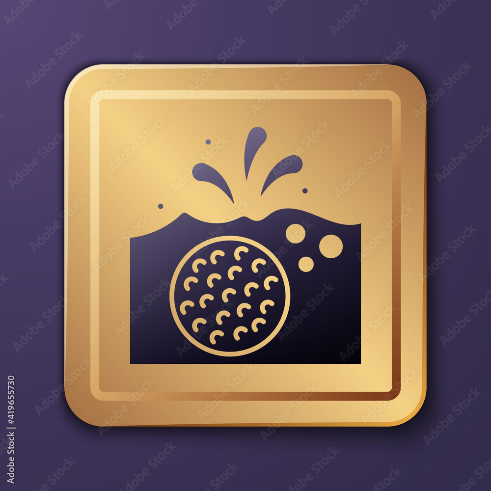 Purple Golf ball in water icon isolated on purple background. Gold square button. Vector.