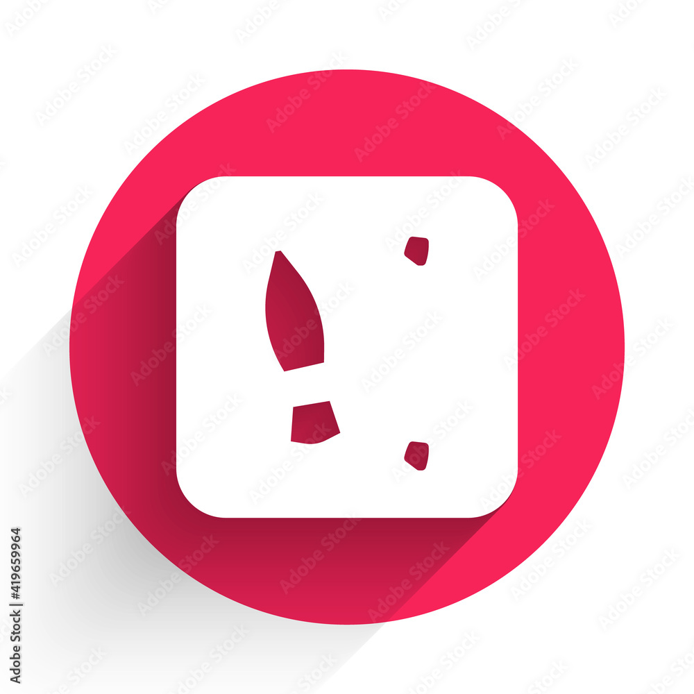 White Human footprints shoes icon isolated with long shadow. Shoes sole. Red circle button. Vector.