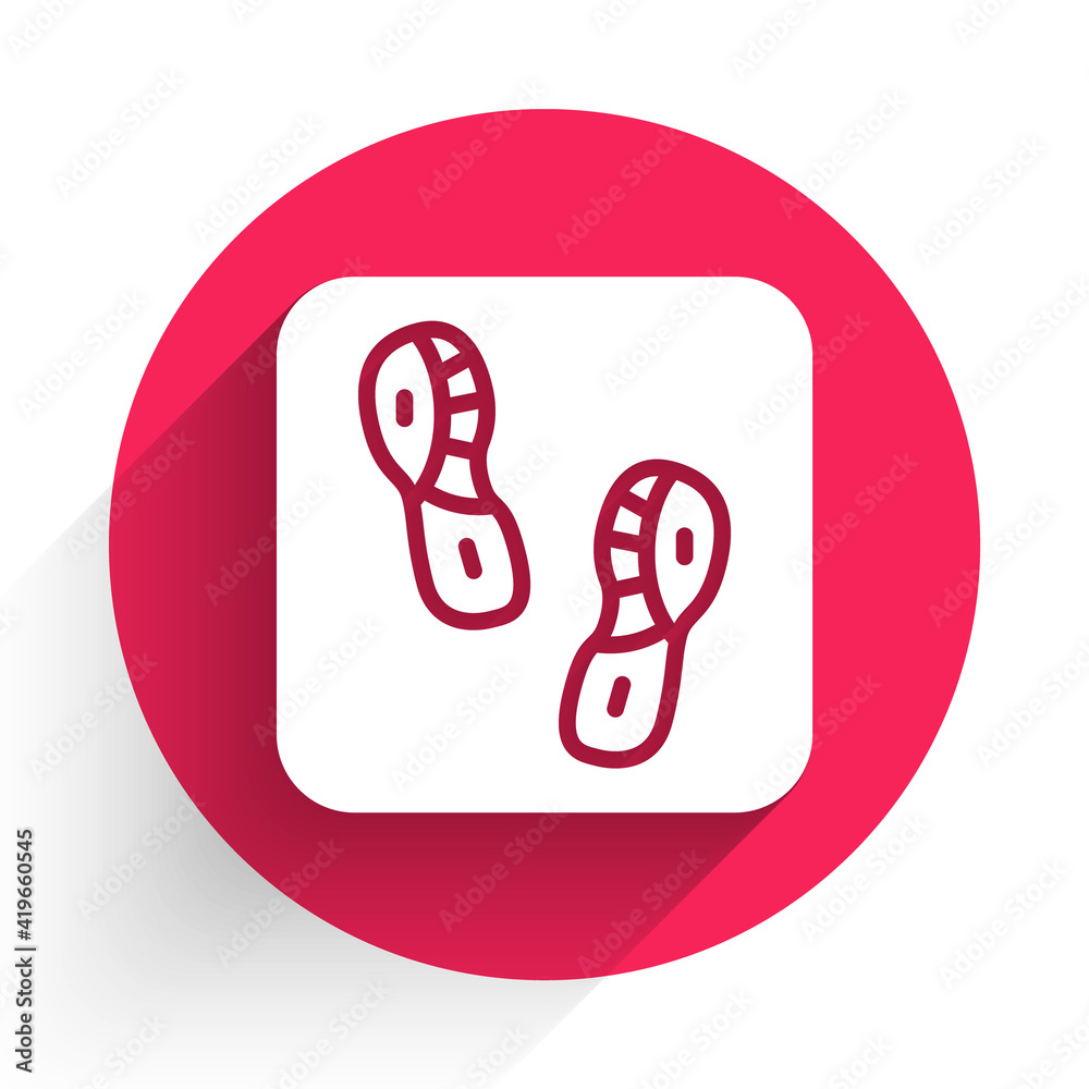 White Human footprints shoes icon isolated with long shadow. Shoes sole. Red circle button. Vector.