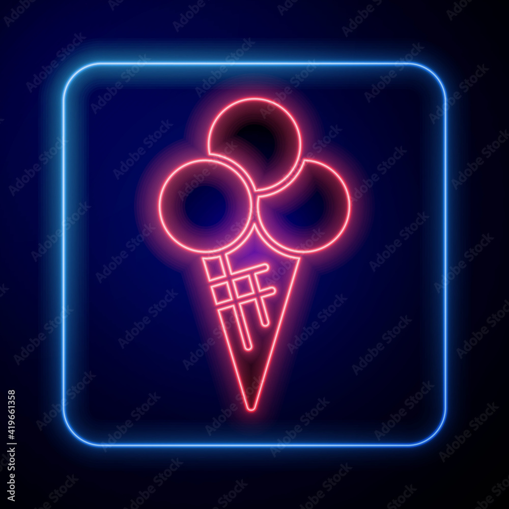 Glowing neon Ice cream in waffle cone icon isolated on black background. Sweet symbol. Vector.