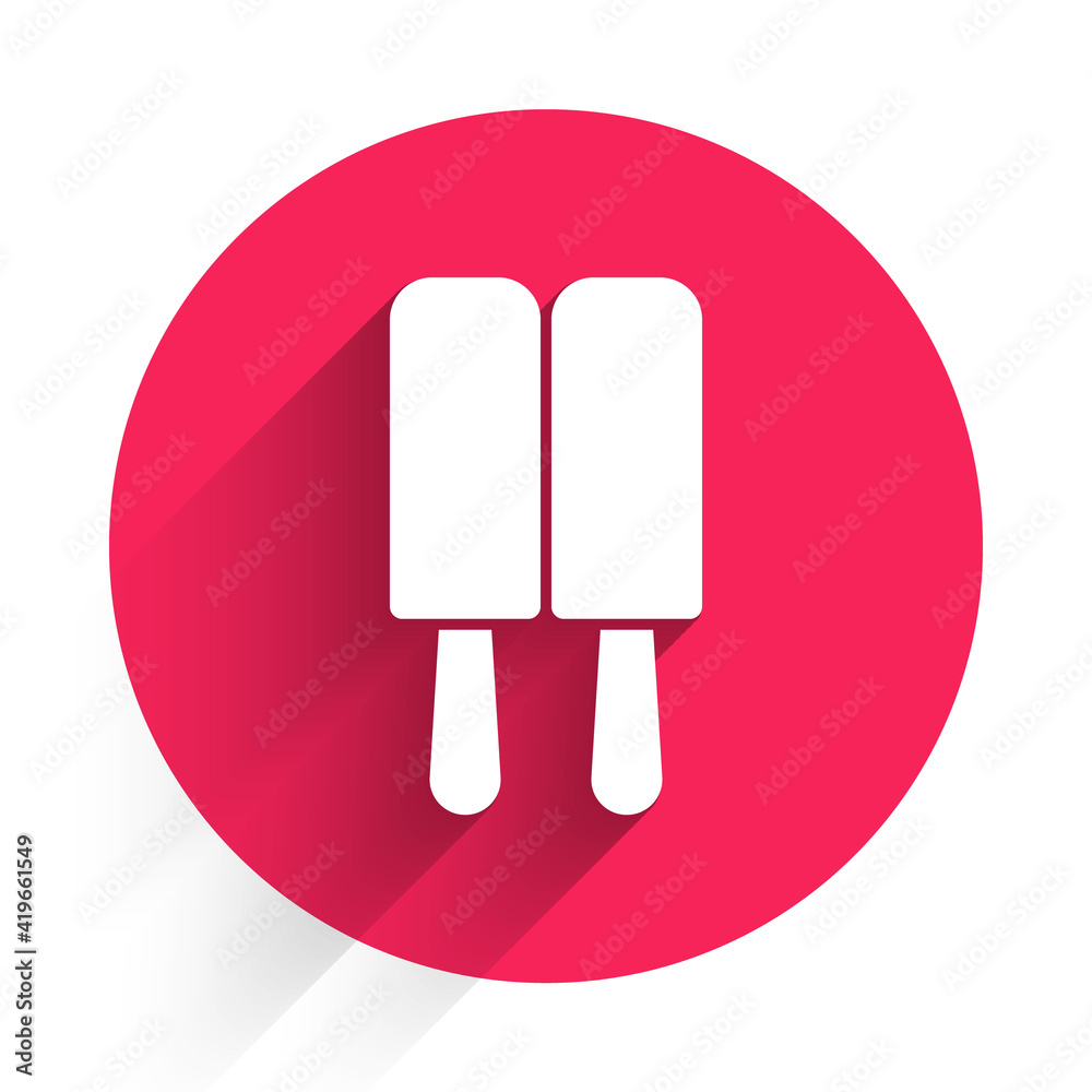 White Ice cream on stick icon isolated with long shadow. Sweet symbol. Red circle button. Vector.