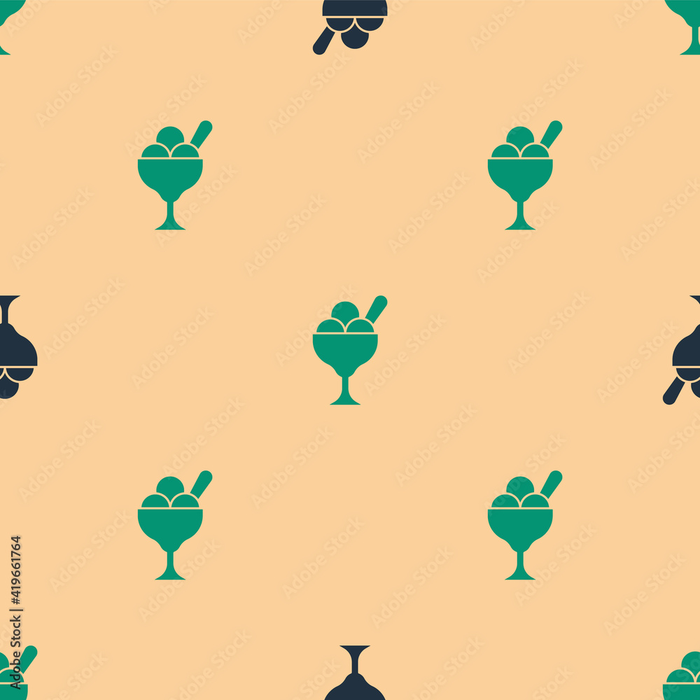 Green and black Ice cream in the bowl icon isolated seamless pattern on beige background. Sweet symb