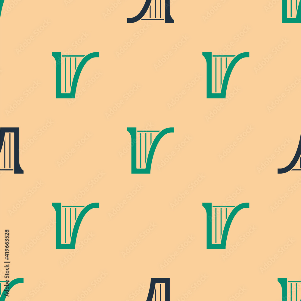 Green and black Harp icon isolated seamless pattern on beige background. Classical music instrument,