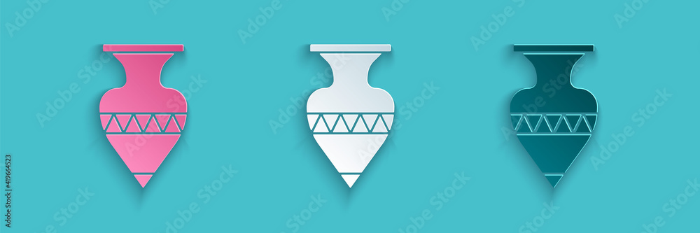 Paper cut Ancient amphorae icon isolated on blue background. Paper art style. Vector.