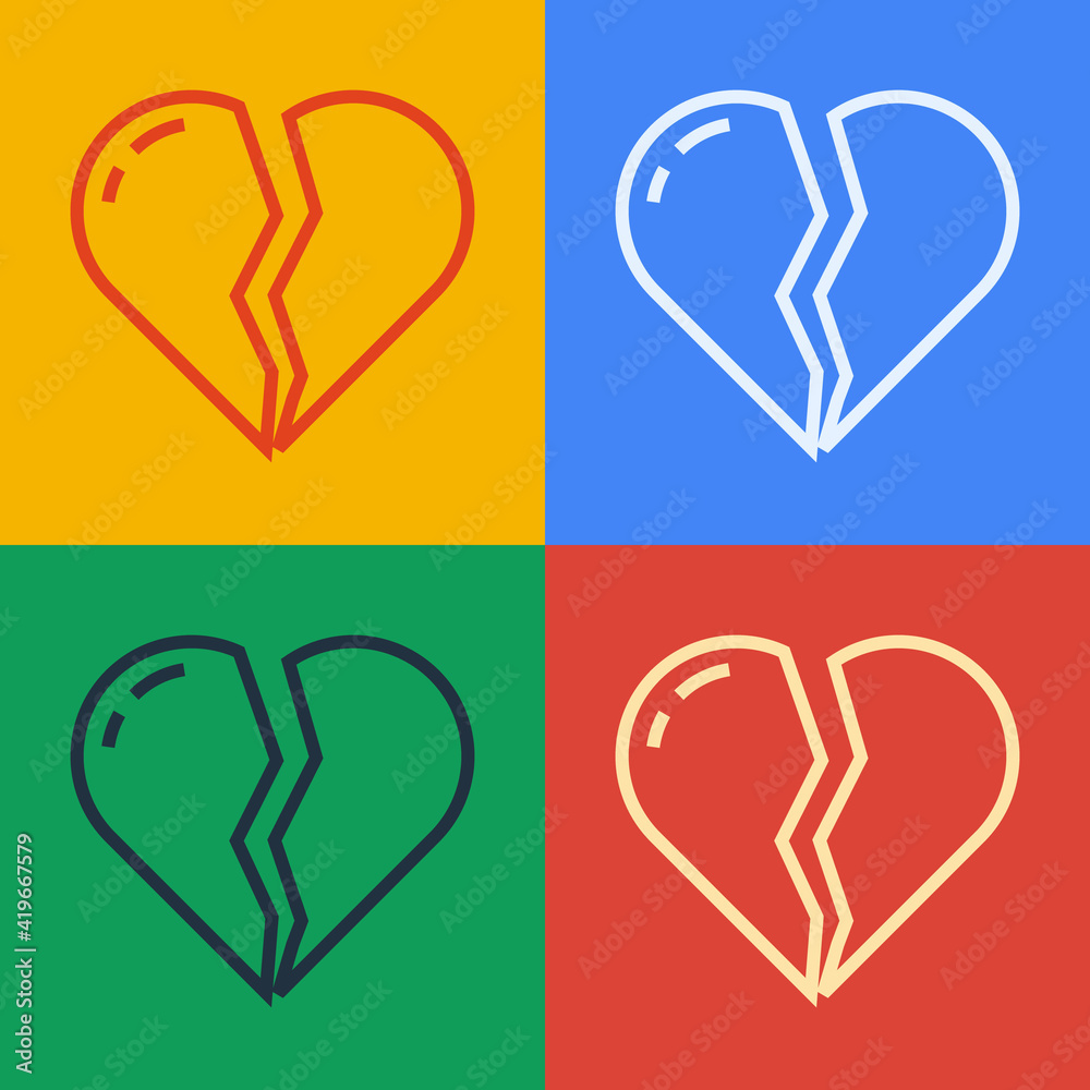 Pop art line Broken heart or divorce icon isolated on color background. Love symbol. Valentines day.