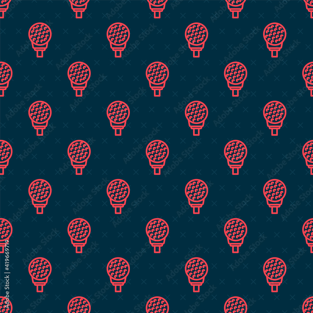 Red line Golf ball on tee icon isolated seamless pattern on black background. Vector.