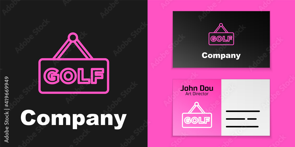 Pink line Golf label icon isolated on black background. Logo design template element. Vector.