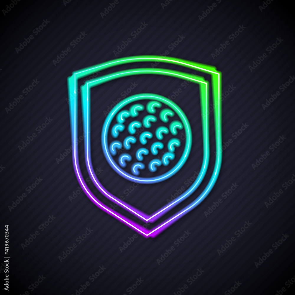 Glowing neon line Golf ball with shield icon isolated on black background. Vector.