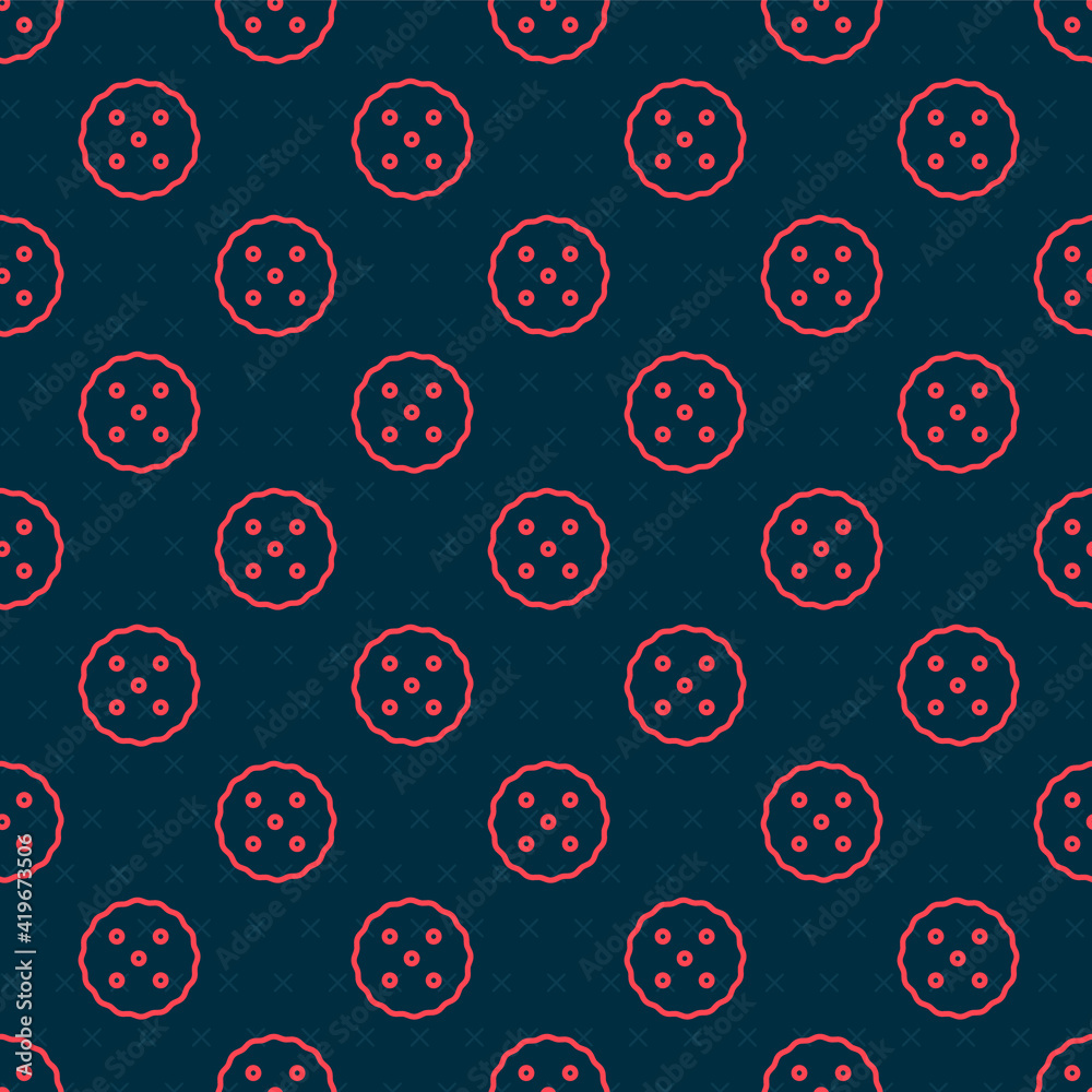 Red line Cookie or biscuit with chocolate icon isolated seamless pattern on black background. Vector