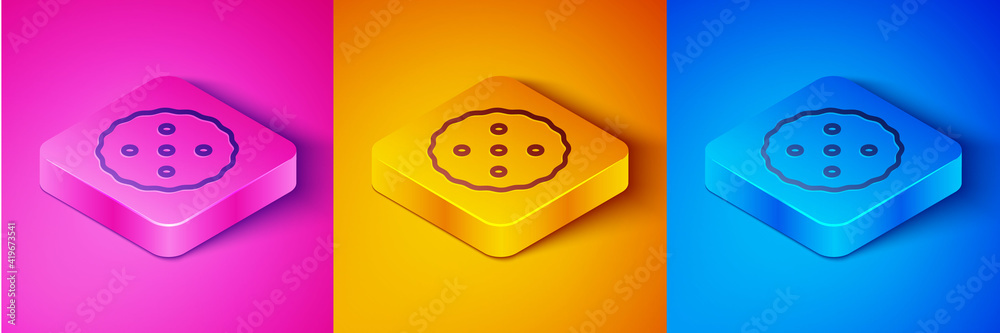 Isometric line Cookie or biscuit with chocolate icon isolated on pink and orange, blue background. S