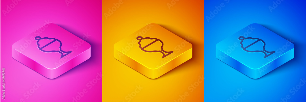 Isometric line Ice cream in the bowl icon isolated on pink and orange, blue background. Sweet symbol