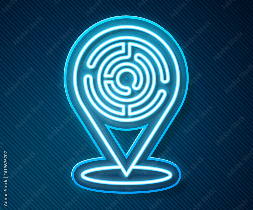 Glowing neon line Minotaur maze or labyrinth icon isolated on blue background. Ancient Greek mytholo