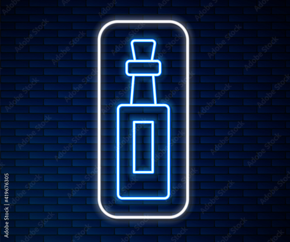 Glowing neon line Bottle of olive oil icon isolated on brick wall background. Jug with olive oil ico