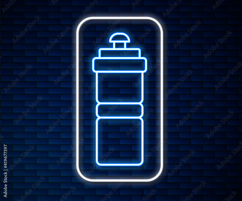 Glowing neon line Sport bottle with water icon isolated on brick wall background. Vector.