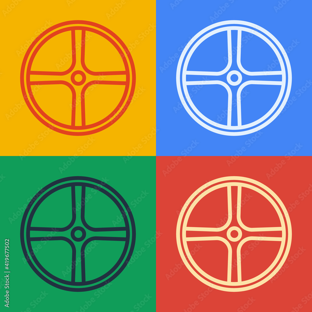 Pop art line Bicycle wheel icon isolated on color background. Bike race. Extreme sport. Sport equipm