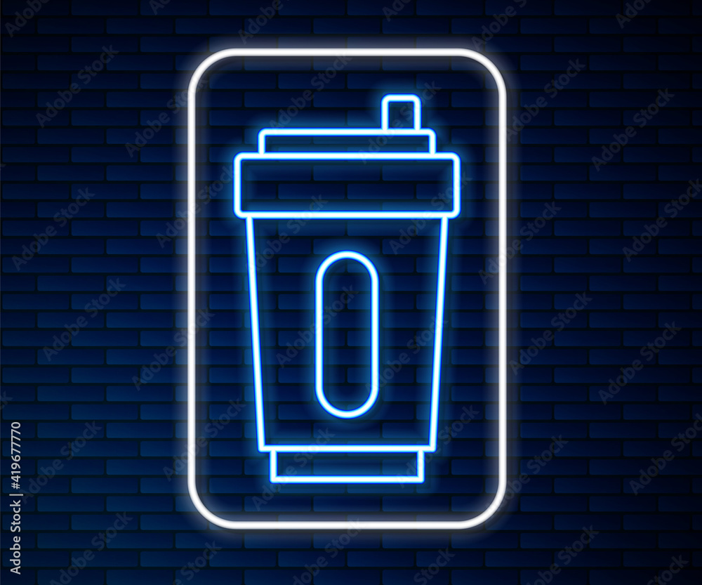 Glowing neon line Sport bottle with water icon isolated on brick wall background. Vector.