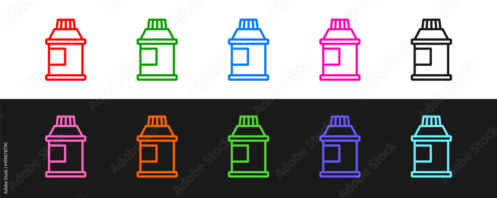 设置线条绘画、水粉画、罐子、染料图标隔离在黑白背景上。矢量。