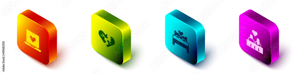 Set Isometric Dating app online, Broken heart or divorce, Bedroom and Couple love icon. Vector.