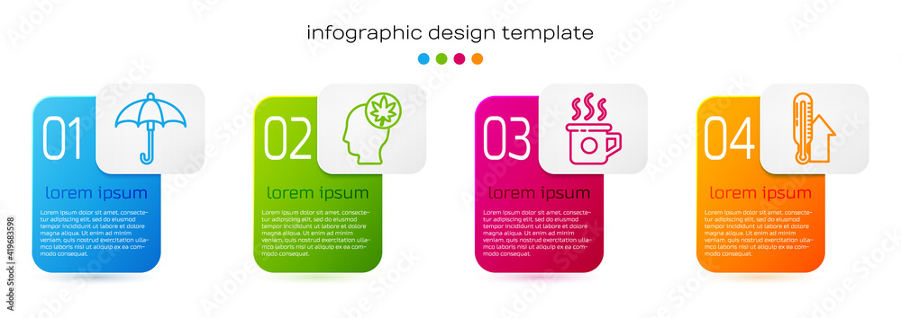 Set line Umbrella, Human head with leaf, Cup of tea and Meteorology thermometer. Business infographi