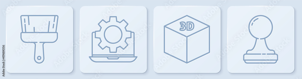 设置线条画笔、等角立方体、笔记本电脑、齿轮和印章。白色方形按钮。矢量。