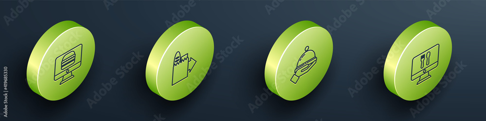 Set Isometric Online ordering and delivery, , Covered with tray of food and icon. Vector.